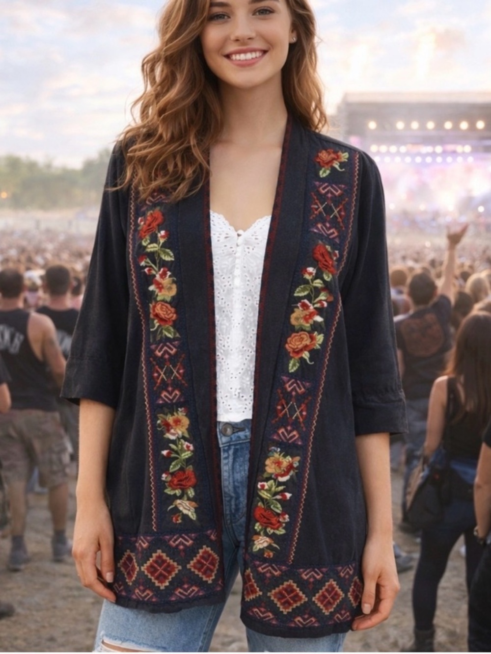 #8451. JWLA by Johnny Was Women's Gray Open Cardigan w/Embroidery. Size L